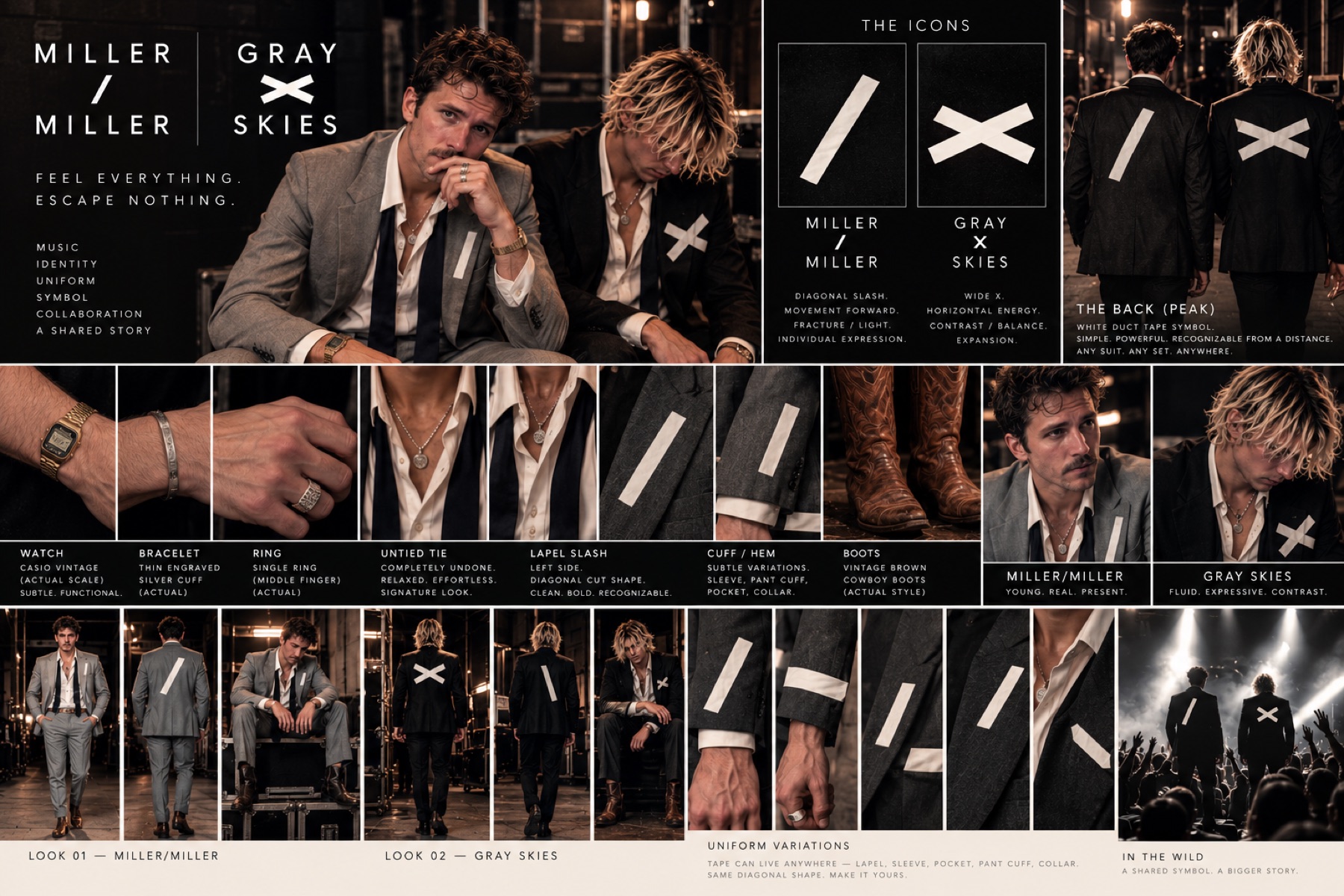 Uniform concept board: Miller in a gray suit with a white tape slash on the lapel and Grayson in a black suit with a white tape X, untied ties, vintage watch, silver cuff, ring and brown boots, the symbols on the backs of the jackets, sleeves and cuffs, and on stage.